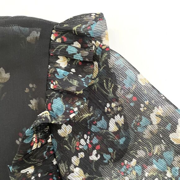 ZARA BASIC Women’s Floral Print Semi Sheer Blouse Top Ruffled Sleeve Blk - Picture 5 of 10
